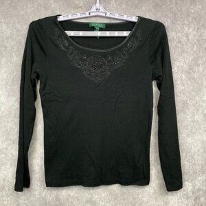 Lauren Ralph Lauren Shirt Womens Medium Black Scoop Neck Embroidered Sequins